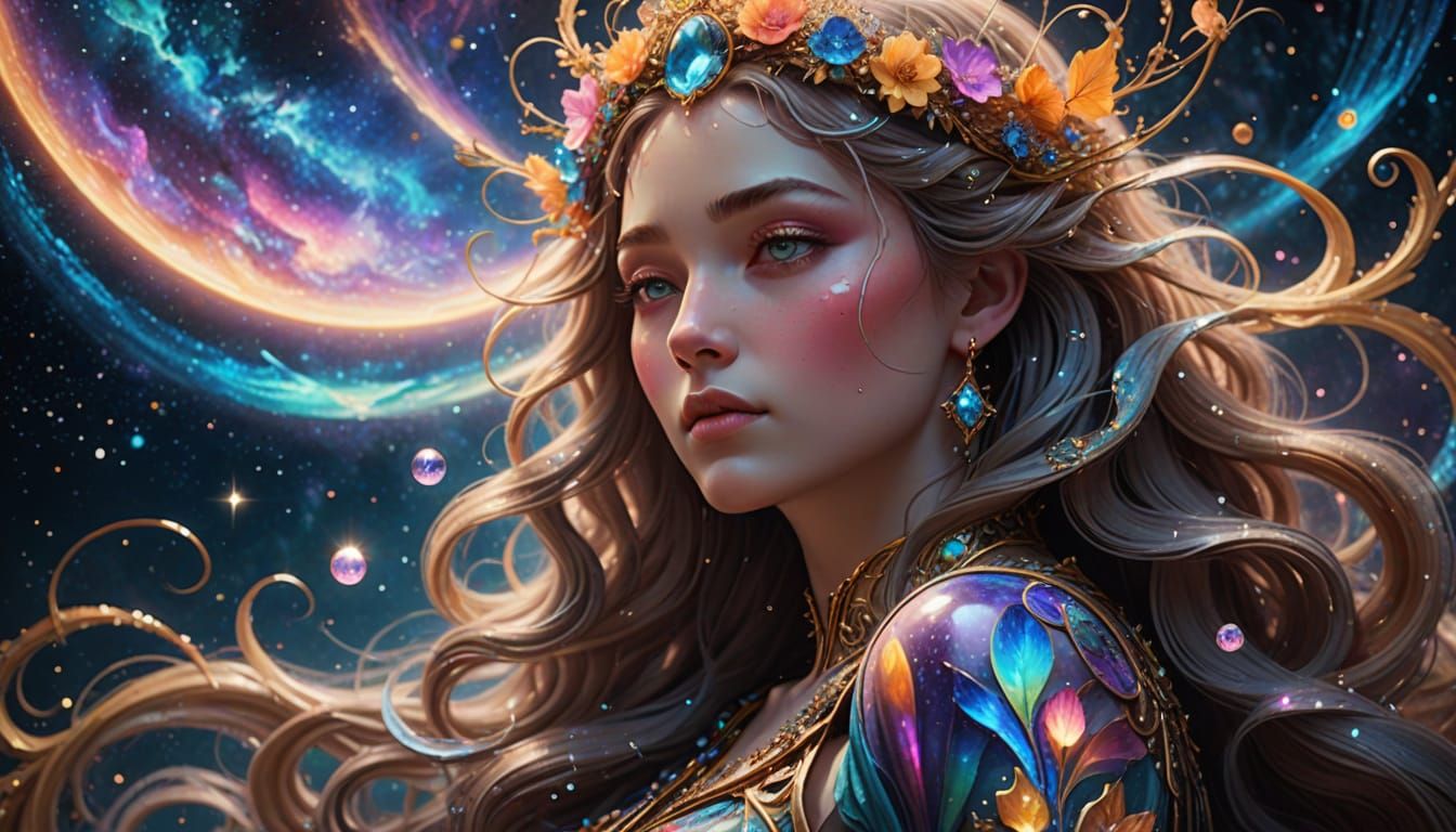 Celestial Goddess Weeping Light in Nebula, Digital Art