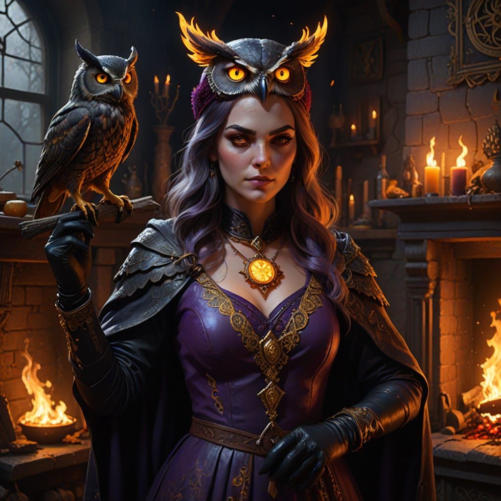 Mystical Young Witch by Burning Fireplace in Vibrant Fantasy...