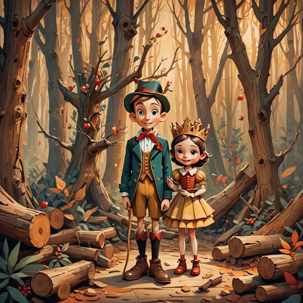 Pinocchio and Christmas Queen in Fairy Tale Art