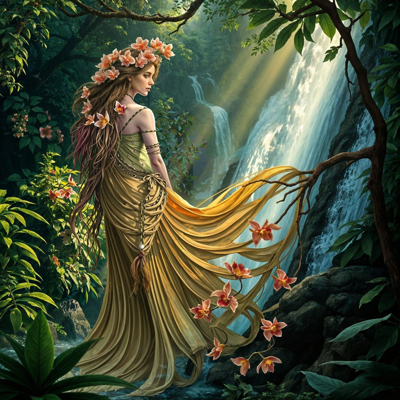 Goddess of Nature Emerging from Waterfall