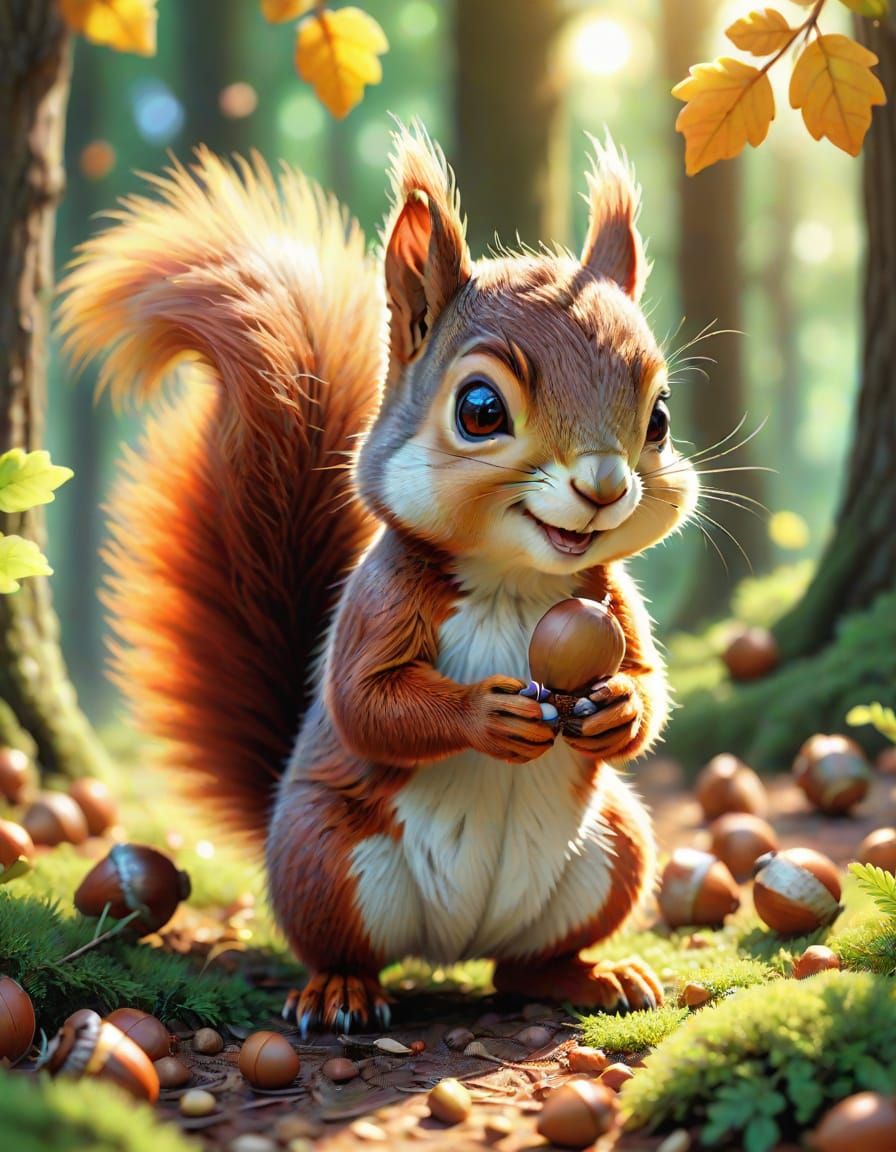 Cute Squirrel Playing with Acorns in Vibrant Anime Style