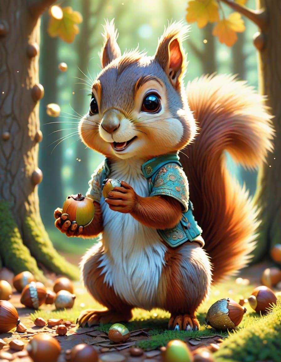 Cute Anime Squirrel Playing with Acorns in Sunlight