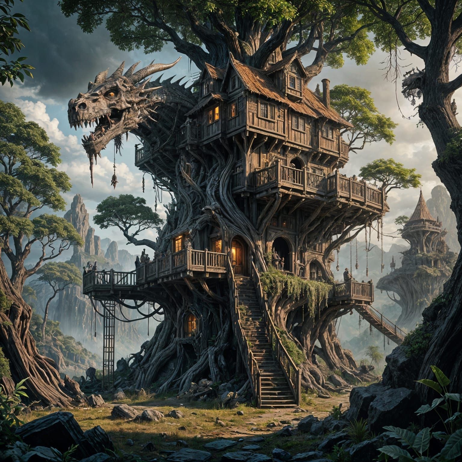 Ancient Dragon Treehouse in Dark Fantasy Style