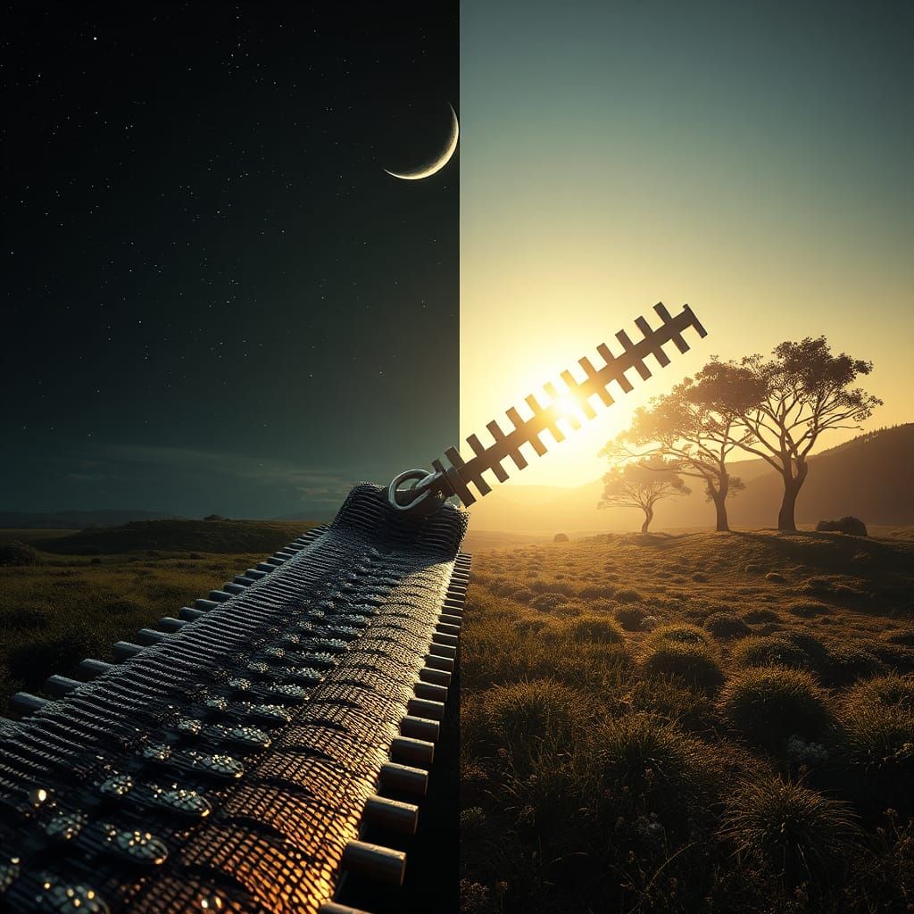 Surreal Zipper Separates Day and Night, Digital Art
