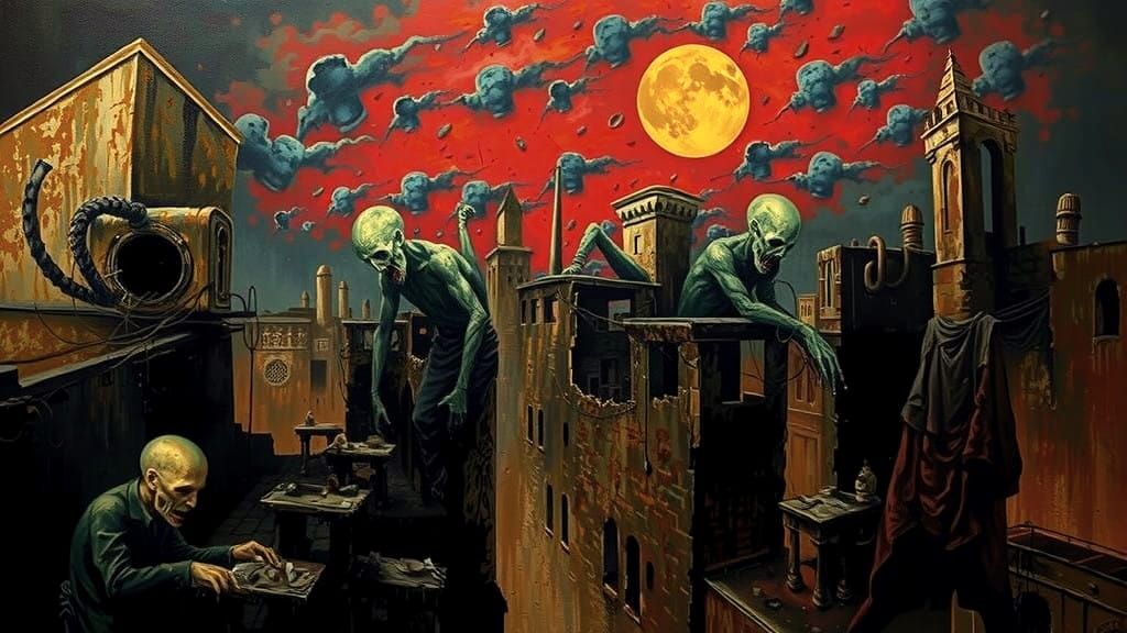 Grotesque Cityscape in Dark Surrealist Oil Painting