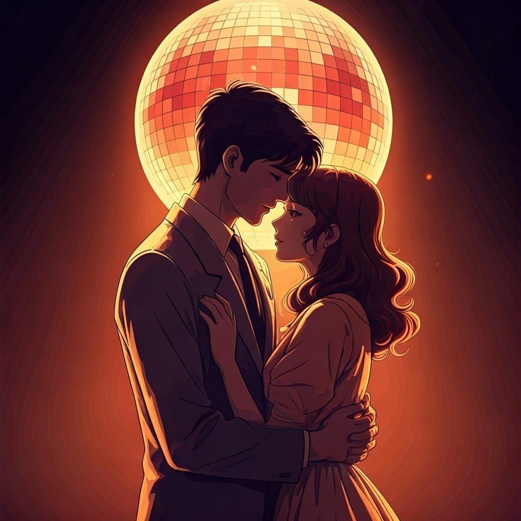 Romantic Embrace Under Disco Ball, Anime Style