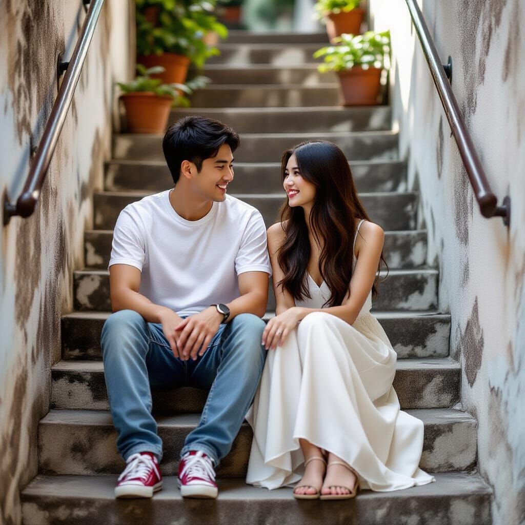 Romantic Couple on Steps in Film Style