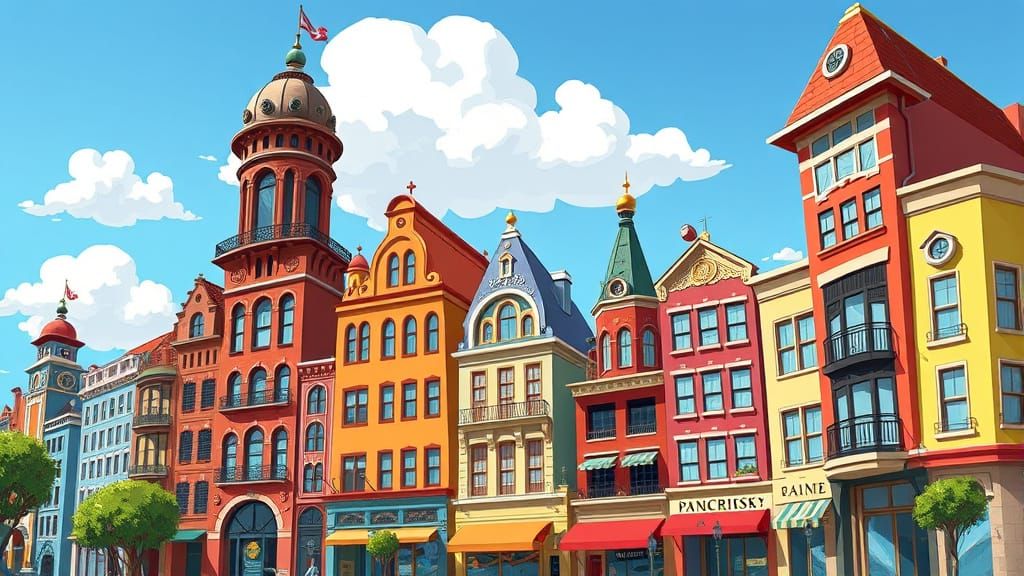 Vibrant Cartoon Buildings in Whimsical 1940s American Style