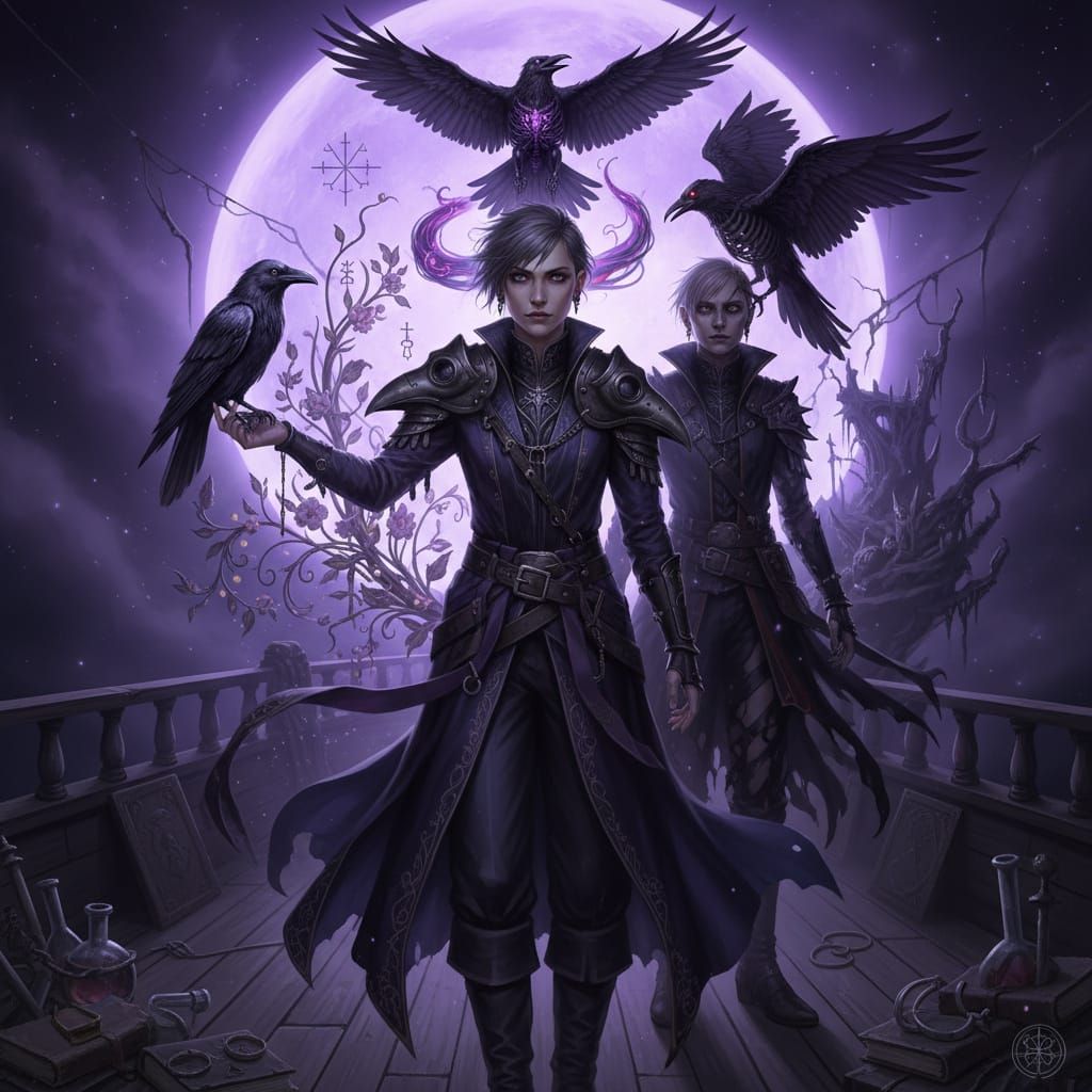 Androgynous Pirate Character Under Violet Moon