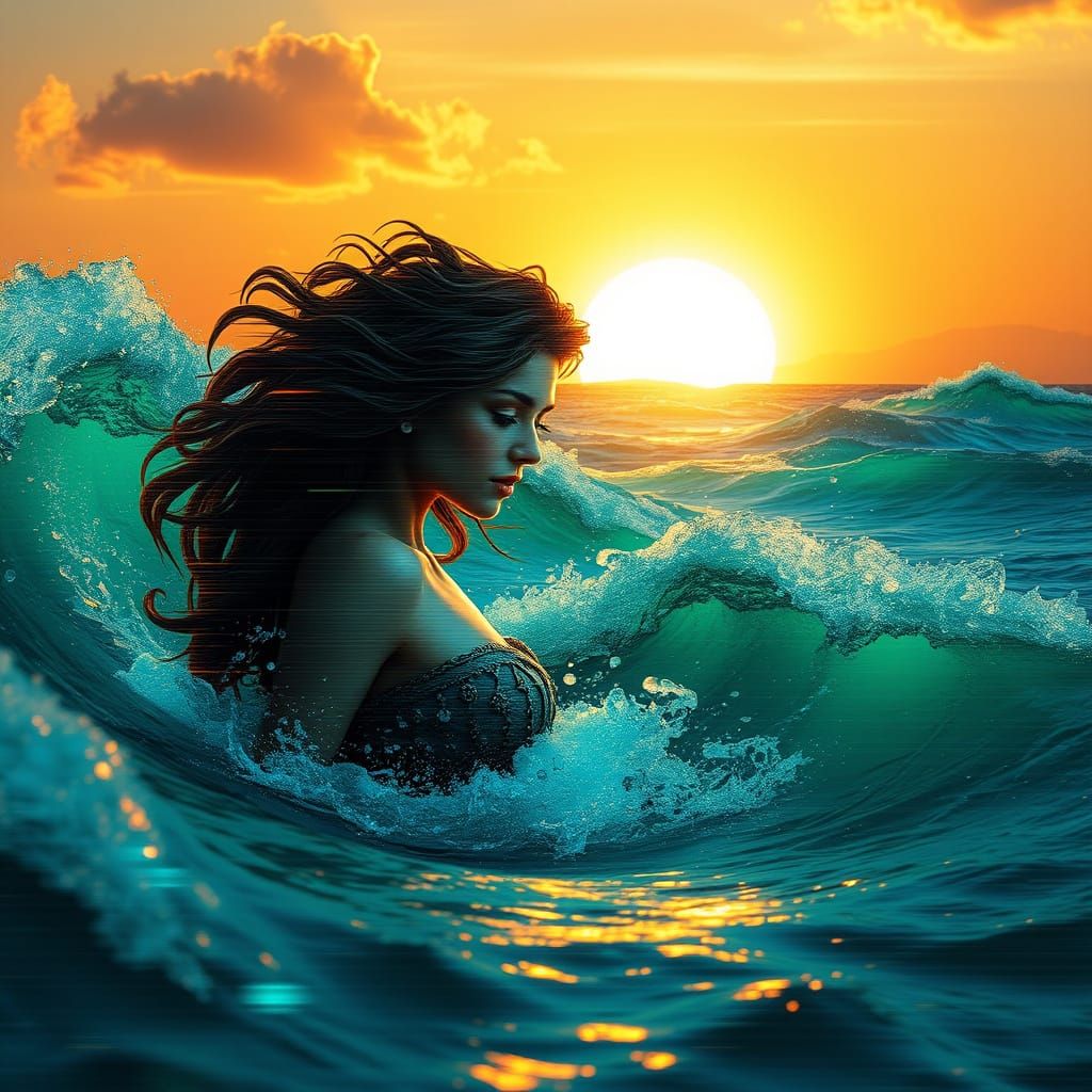 Golden Siren Emerging: A Glitch Art Sunset