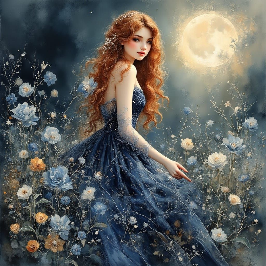 Elegant Woman in Moonlit Field, Art Nouveau Style