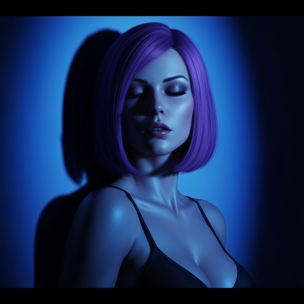 Sultry Woman with Purple Bob in Blue Light