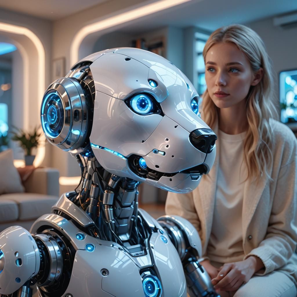 Robotic Pet in Futuristic Living Room: Digital Illustration