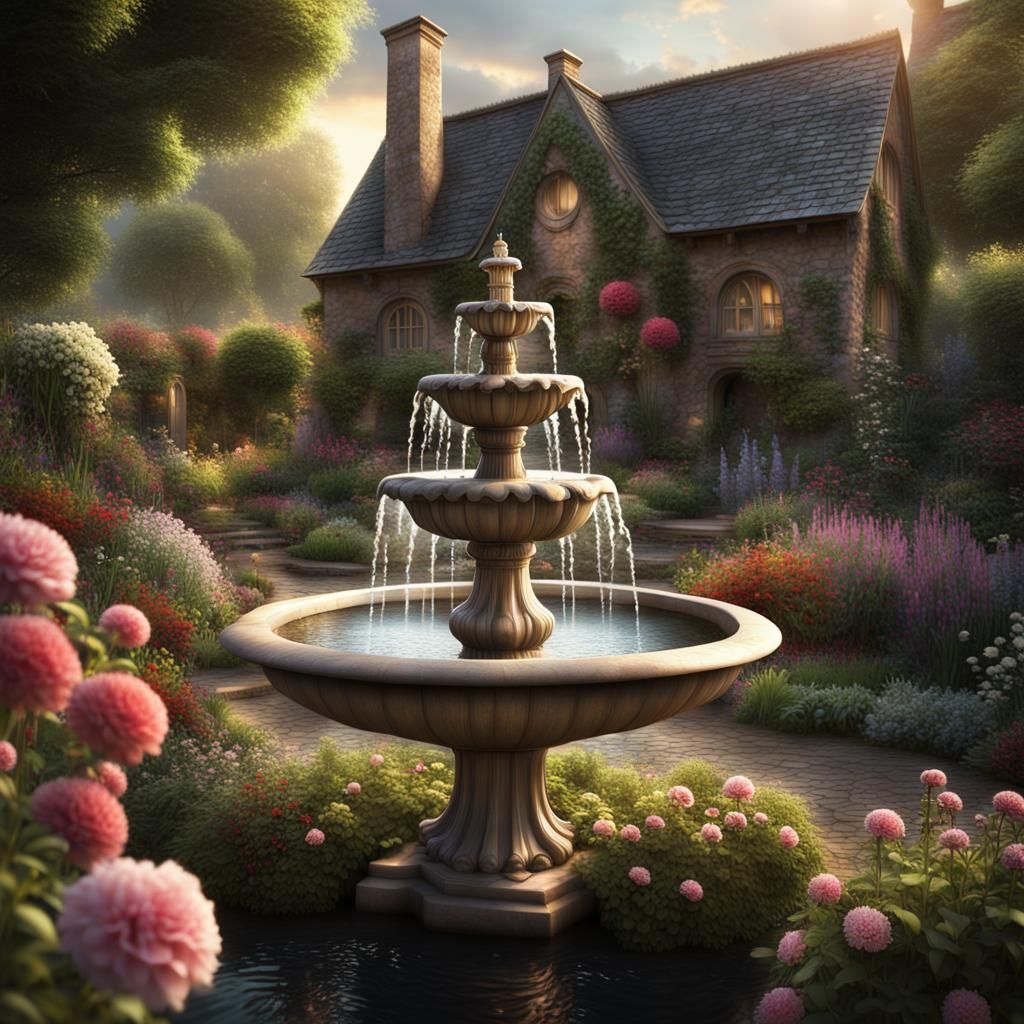 Cottage Garden with Flower Fountain: Digital Matte Painting