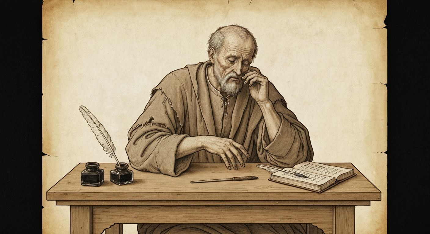 Weary Scribe Rests Beside His Tools, Medieval Style