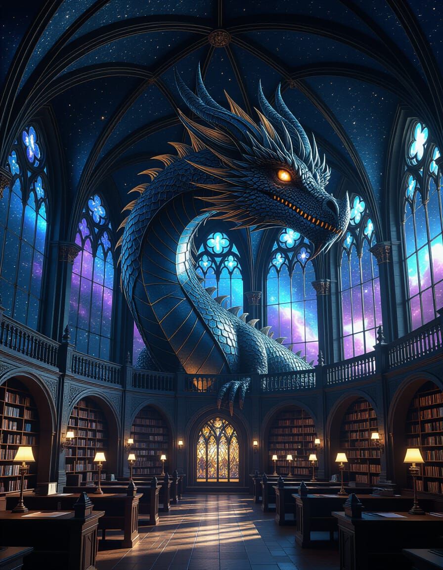 Floating Gothic Dragon Library in Cosmic Space, Hyperrealist...