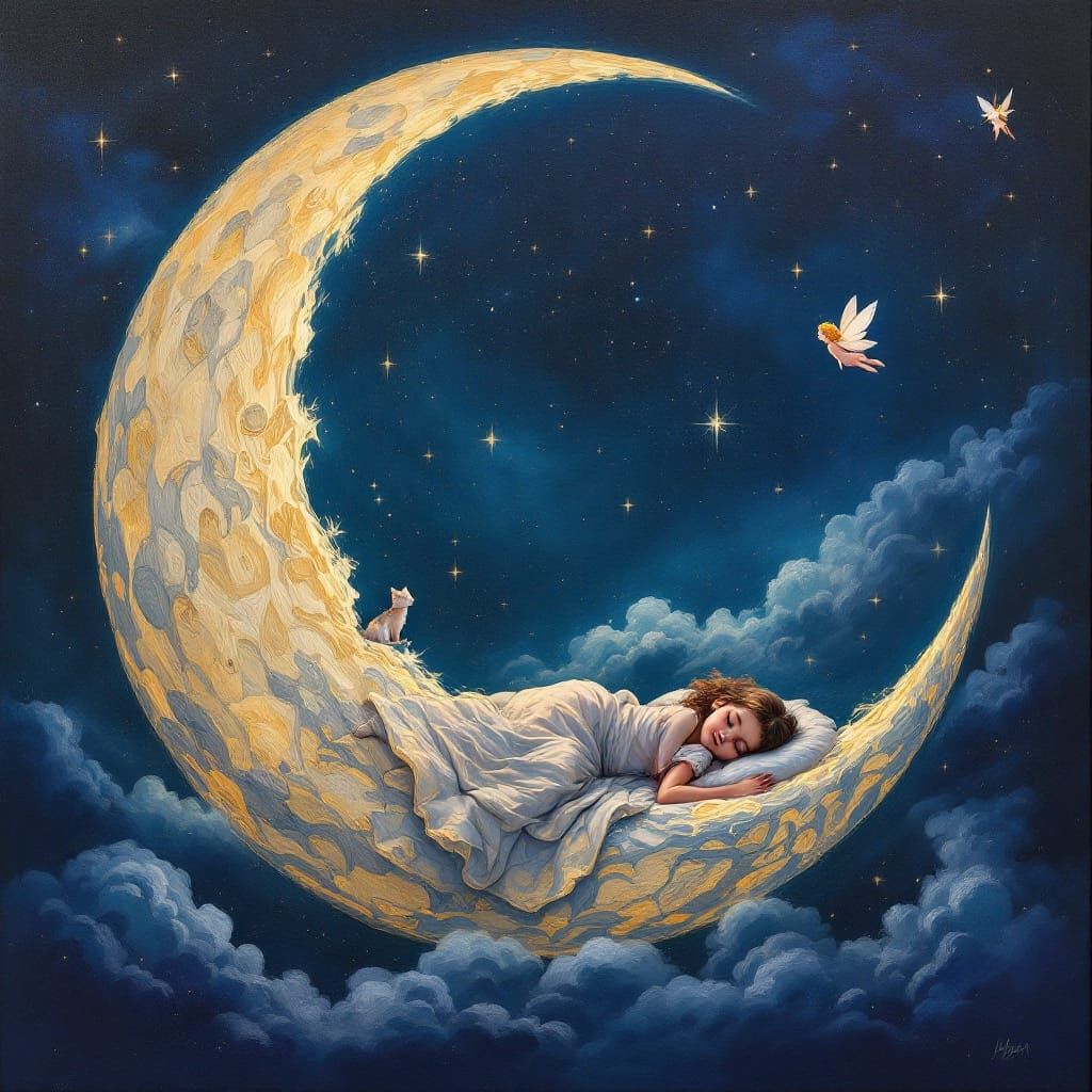 Surreal Oil Painting of a Crescent Moon with a Sleeping Girl...