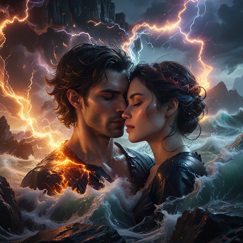 Vampire Embraces Woman Amidst Stormy Seas