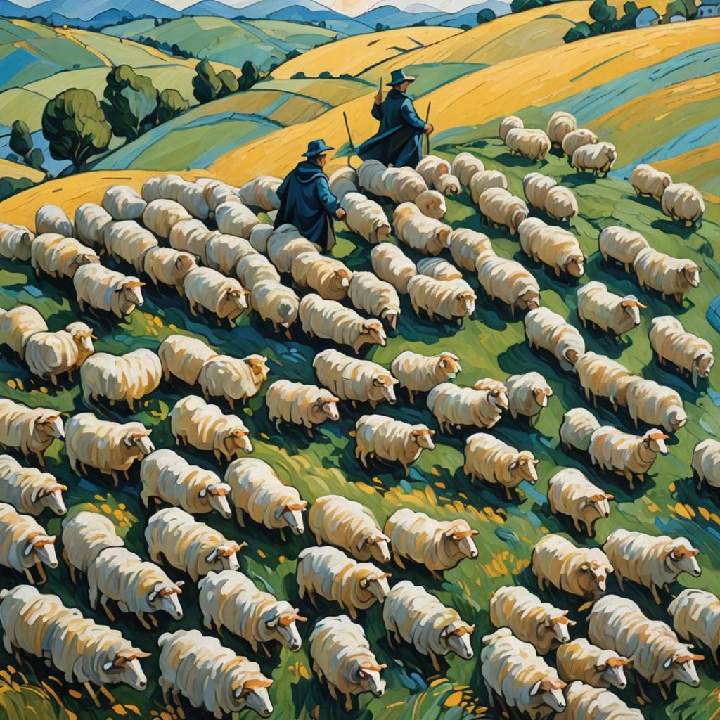Shepherd Guides Flock in Abstract Expressionist Landscape