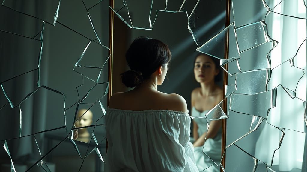 Woman Gazing at Reflections in Shattered Mirror