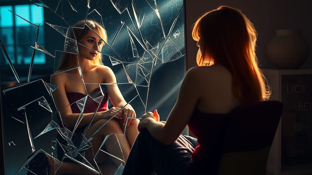 Woman Gazing at Shattered Mirror Reflecting Her Past