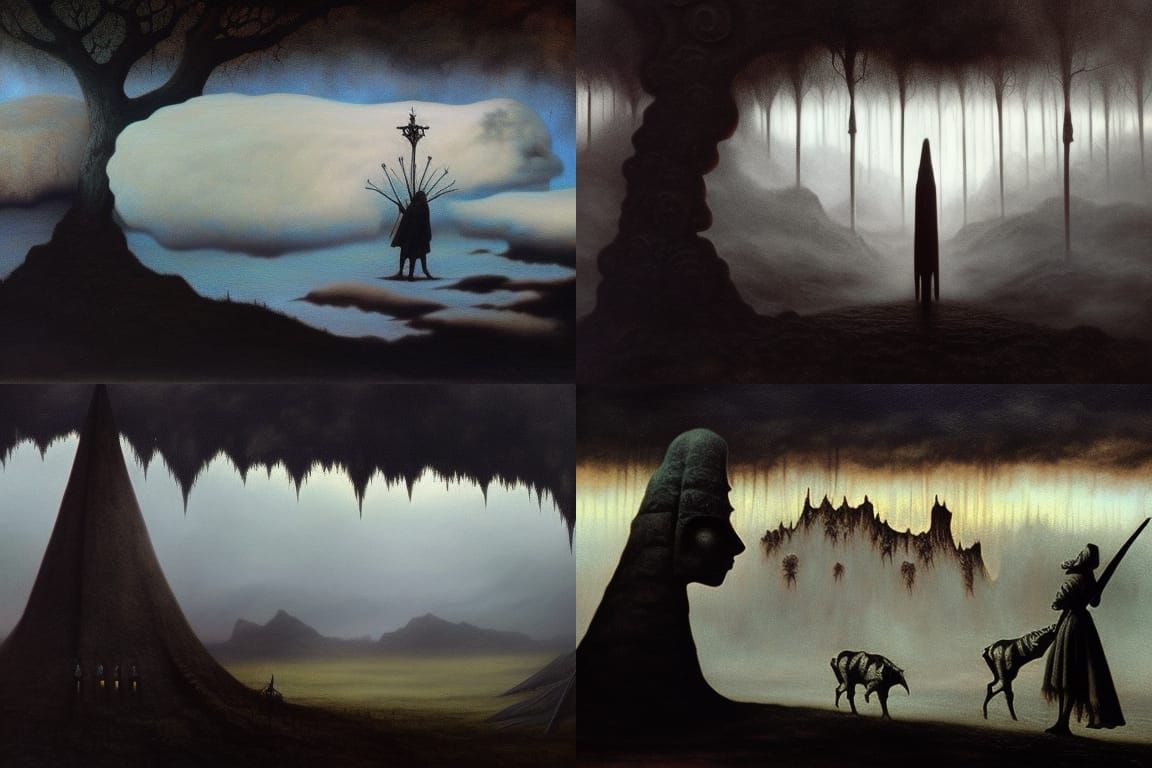 Neofolk melancholy darkness Zdzisław Beksiński color corrected gothic art folk art oil on canvas sepia horror dystopian ...