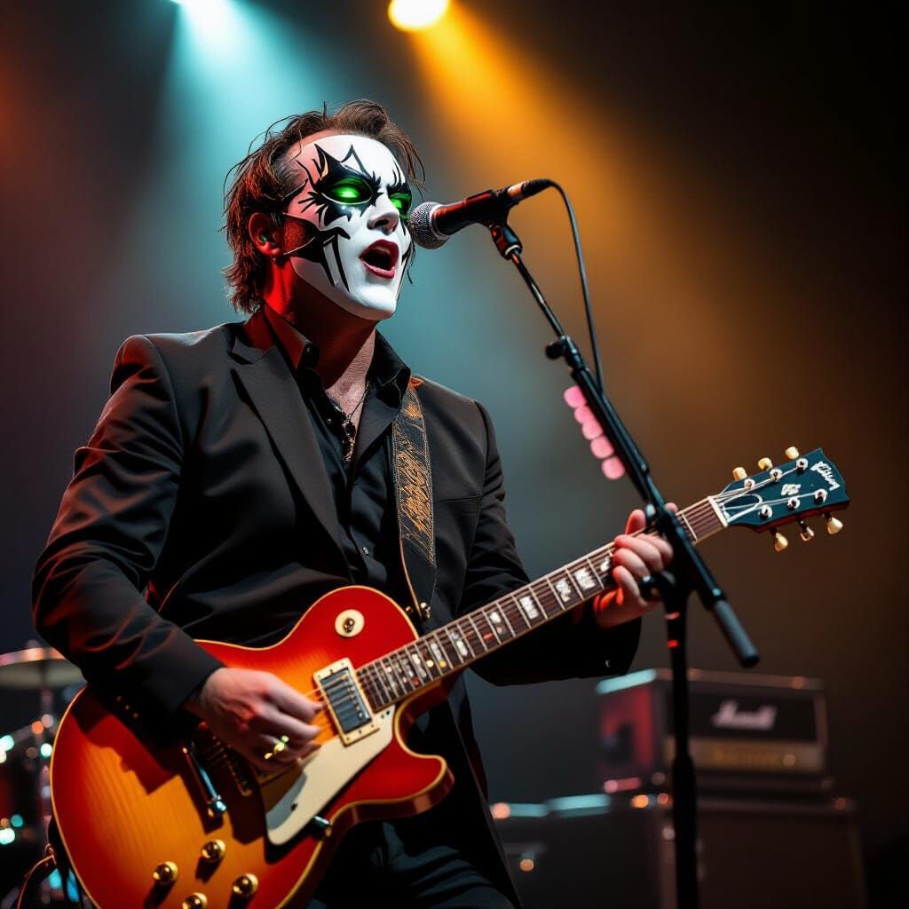 Masked Singer with Green Eyes and Guitar on Stage