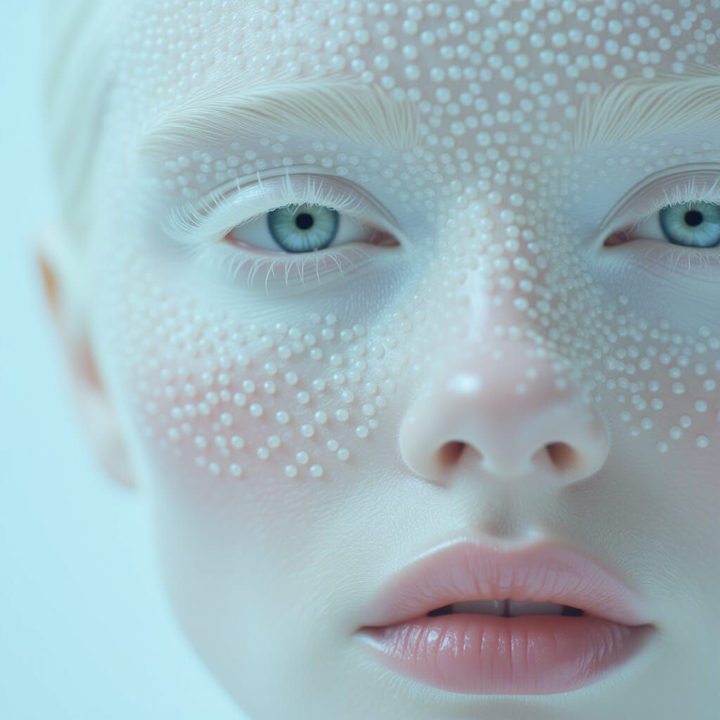 Albino Woman's Face Adorned with Seed Pearls