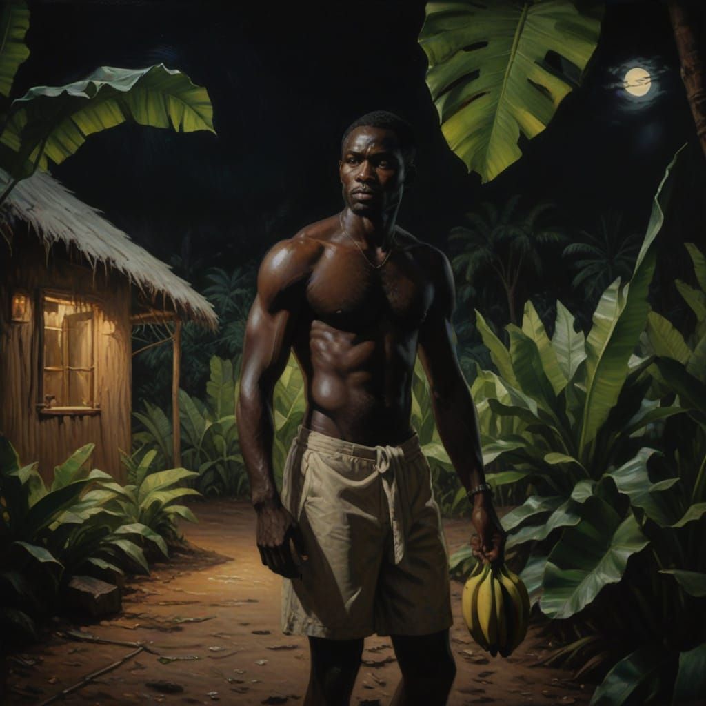 Surreal African Figure in a Golden Glowing Cottage Doorway