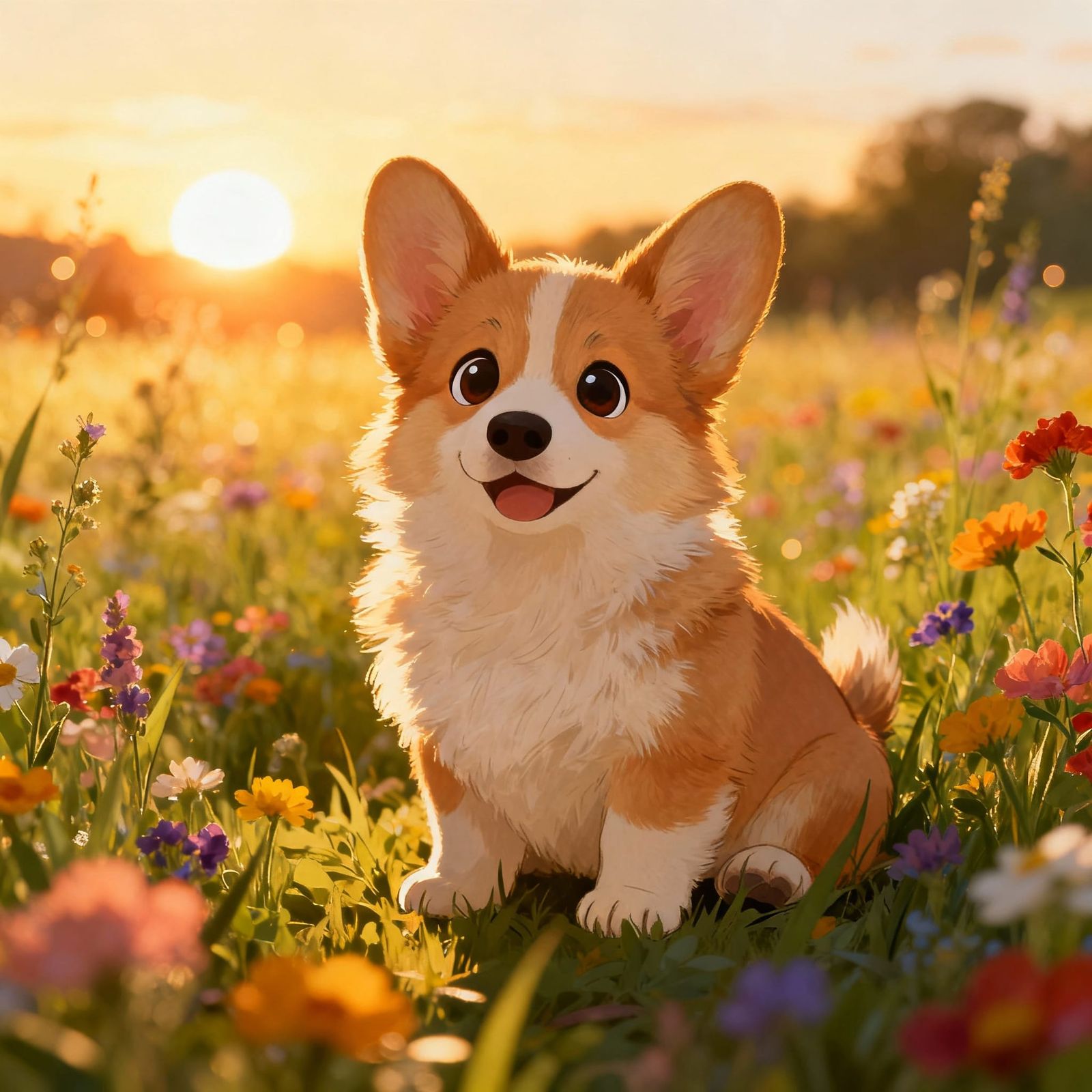 Fluffy Corgi Puppy in Wildflower Field