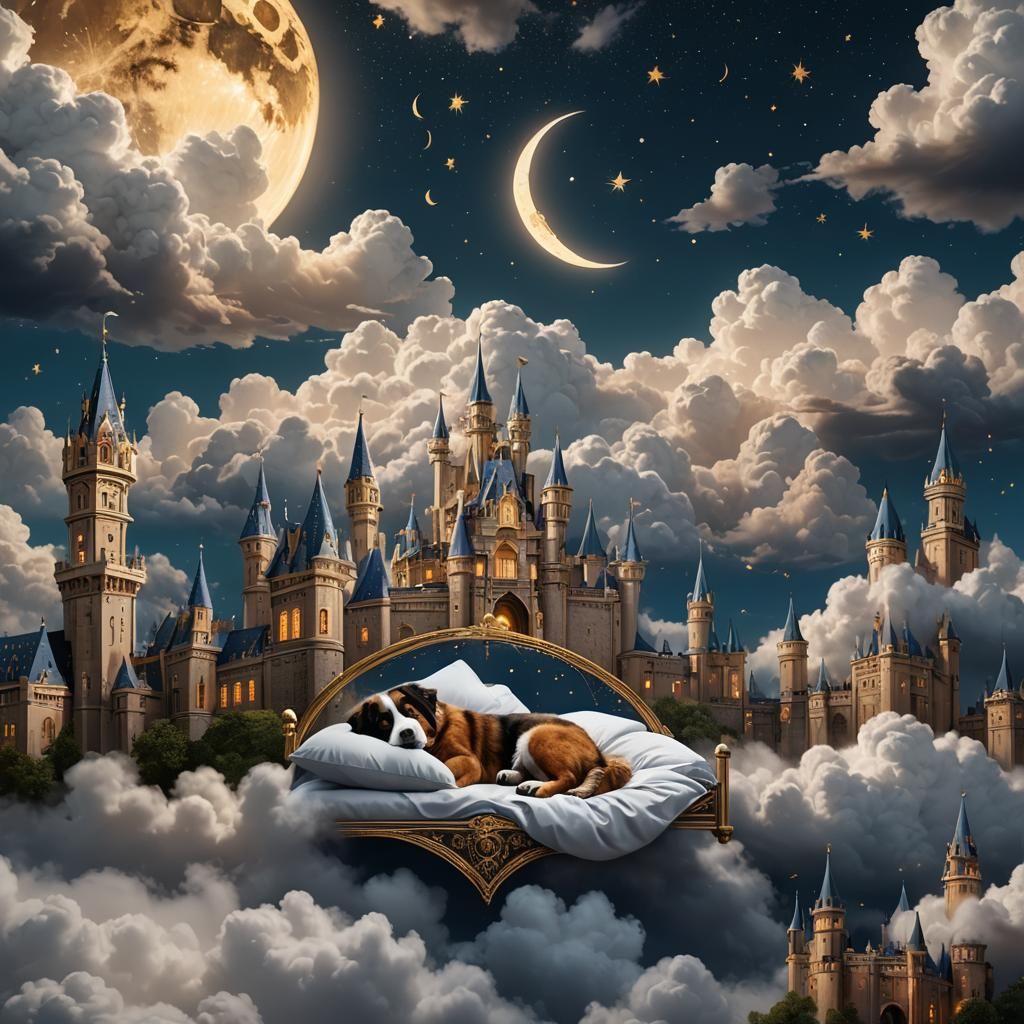 Dreamy Castle Scene with Sleeping Girl and Dogs
