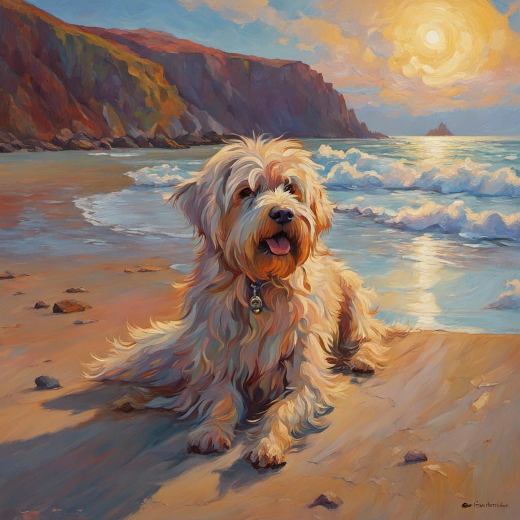 Shaggy Dog on Northwest Beach in Oil Painting Style