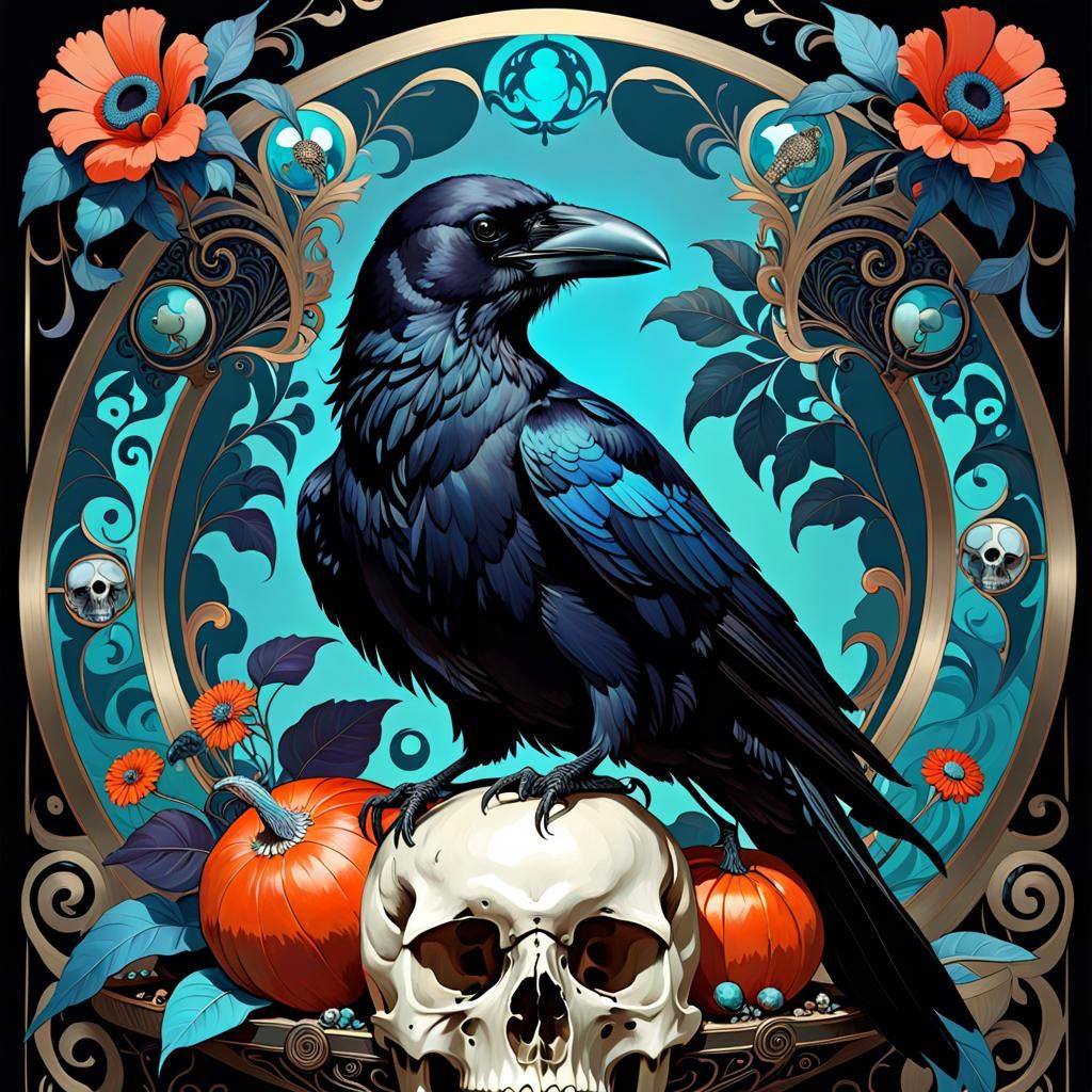 Art Deco Crow on Skull Digital Painting