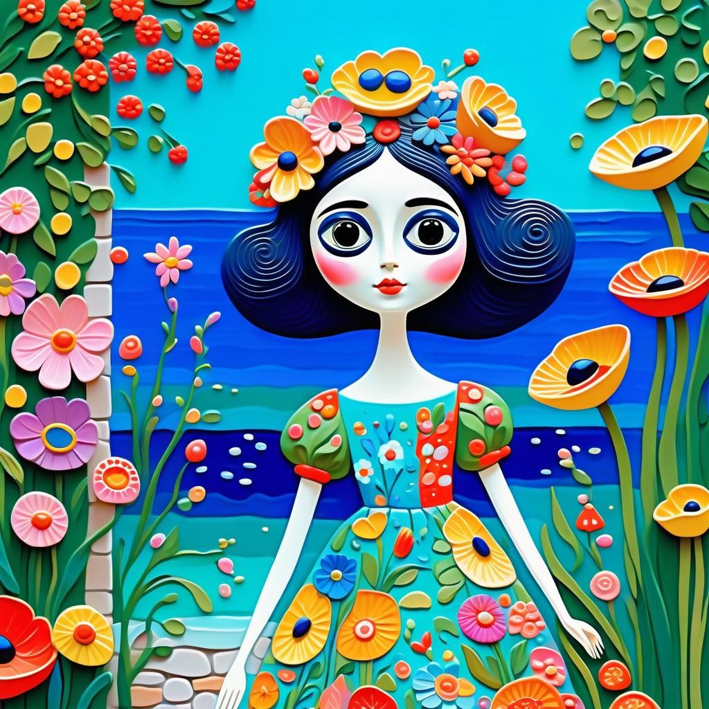 Whimsical Folk Art Woman in a Flower Garden