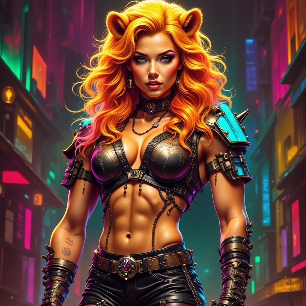 Lion-Human Hybrid Warrior in Cyberpunk Armor