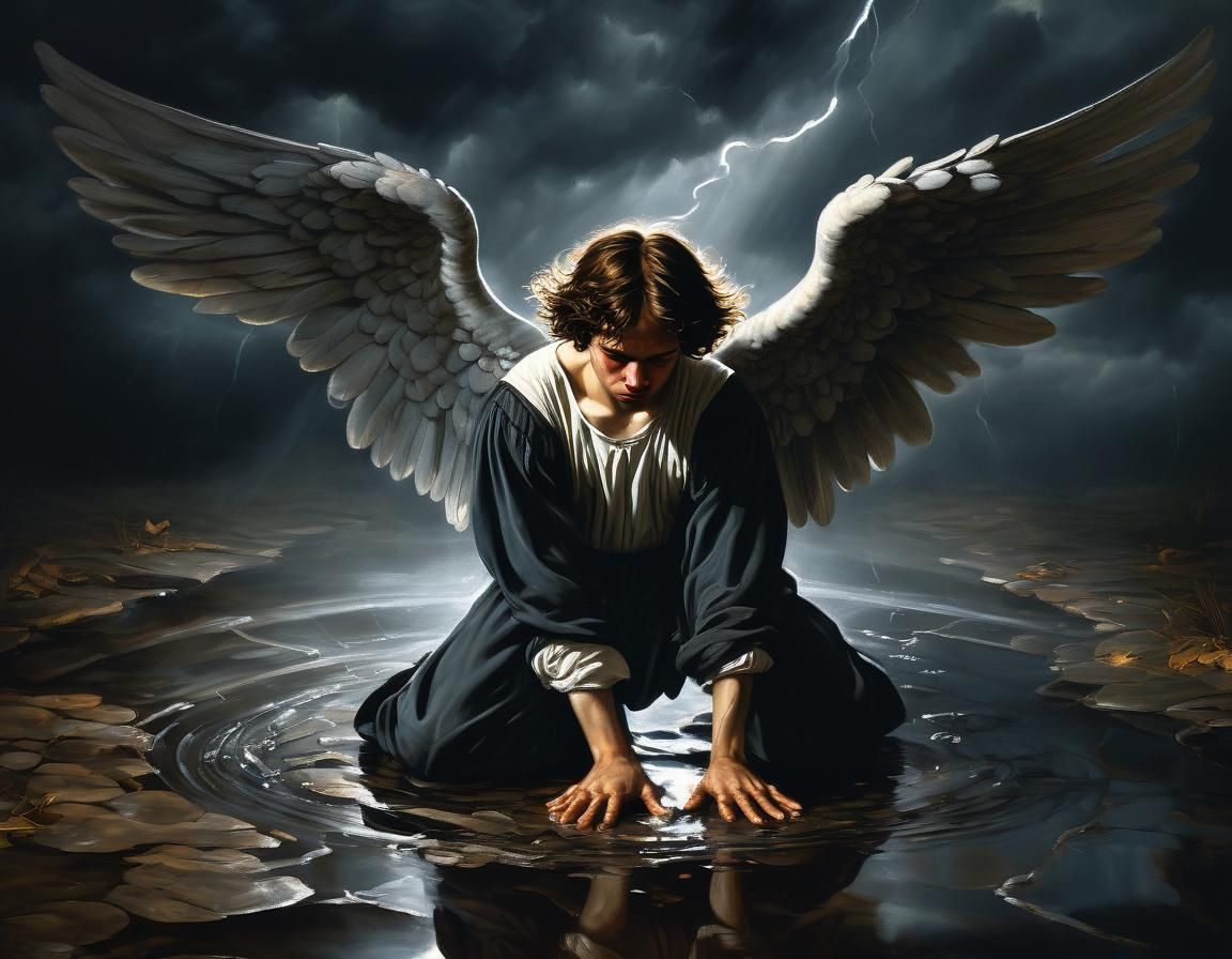 Sorrowful Angel in Caravaggio Style Oil Painting