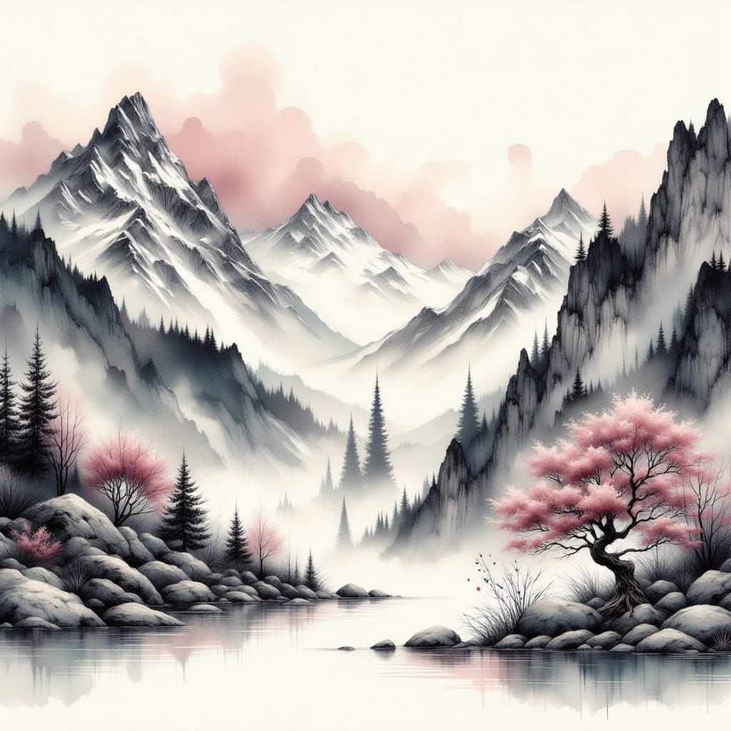 3D Ink Wash Mountain Landscape with Flowing Water