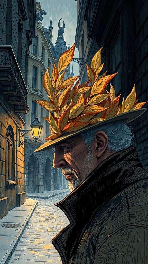 Gothic City Man with Leaf Fedora in Chiaroscuro