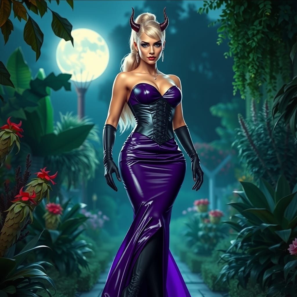 Confident Woman with Devil Horns in Moonlit Garden