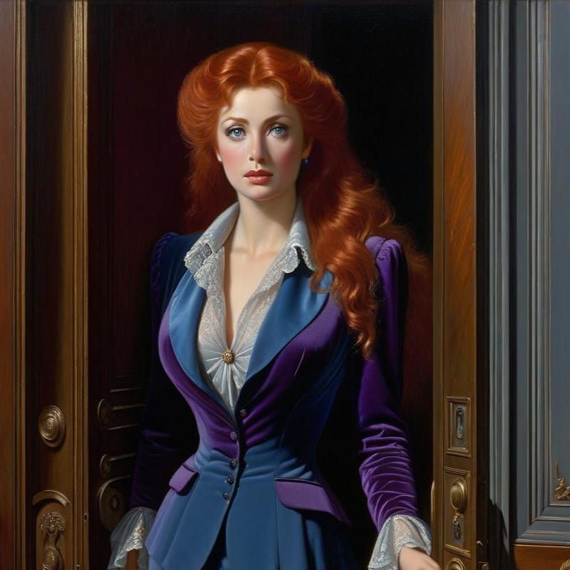 Elegant Woman in Doorway: Oil Painting in Dore Style