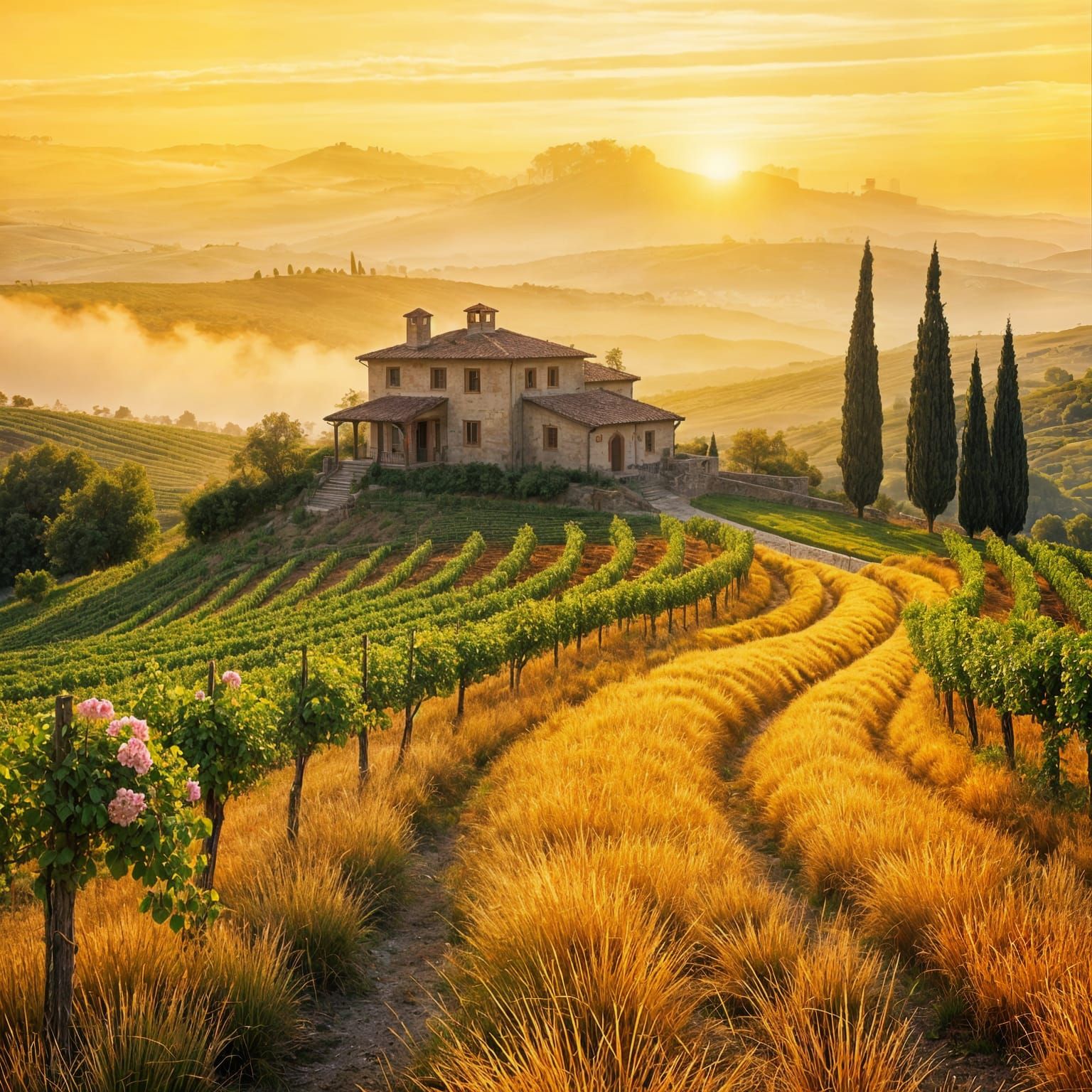 Serene Tuscan Sunset Amidst Rustic Vineyard in Vibrant Gouac...