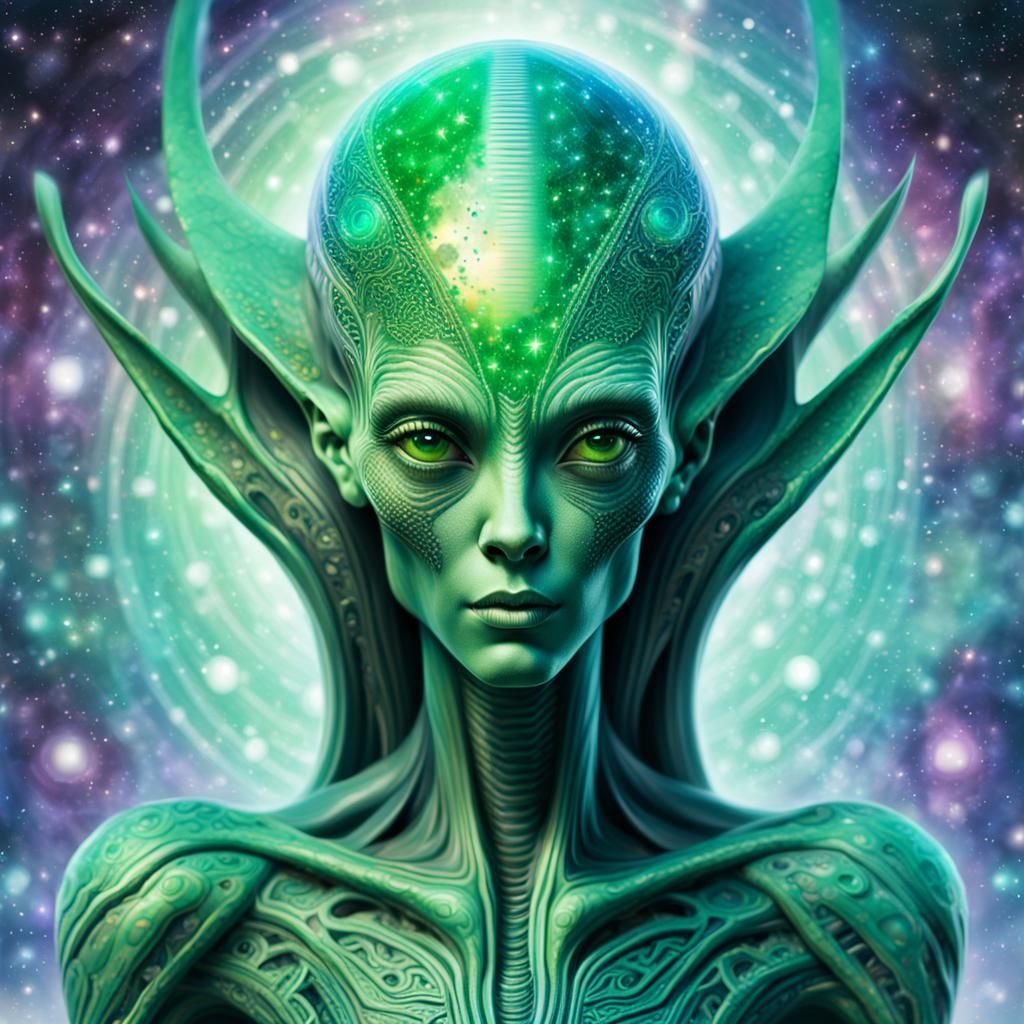 Green Alien at Hairdresser in Mixed Media Style