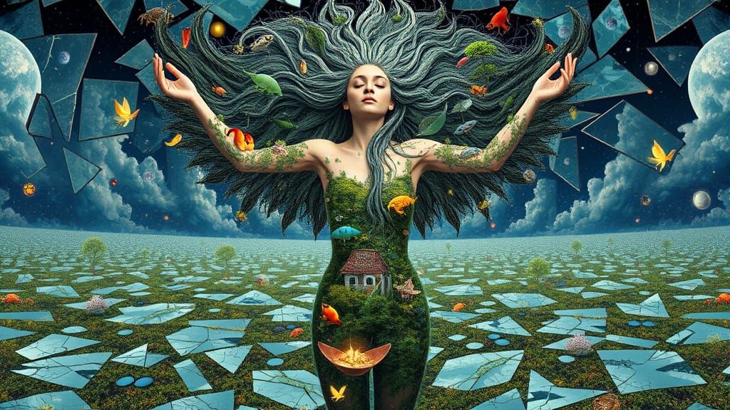 Surreal Bio-Art Goddess with Interconnected Ecosystems and G...
