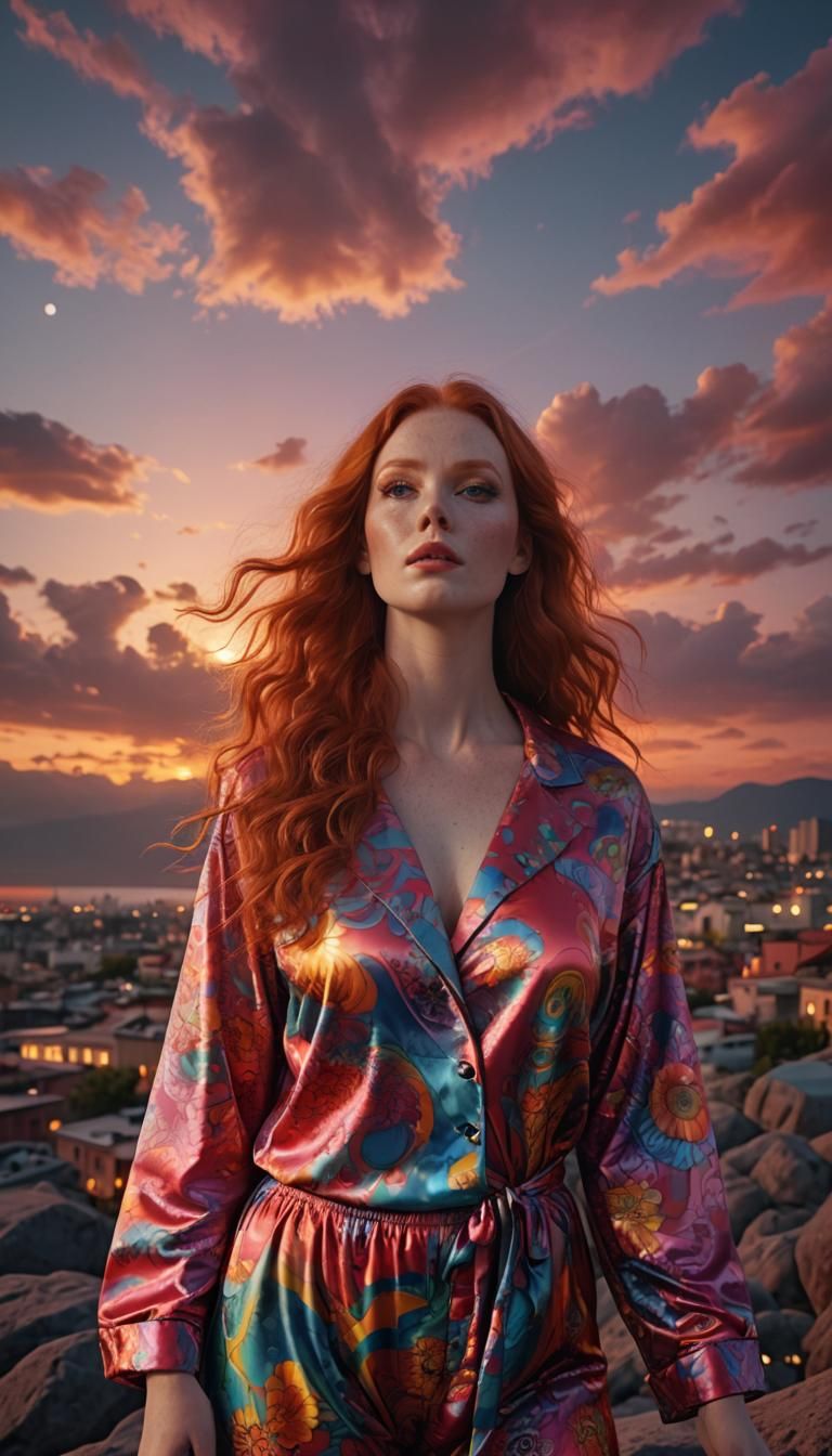 Haute Couture Plus-Size Model in a Vibrant Sunset