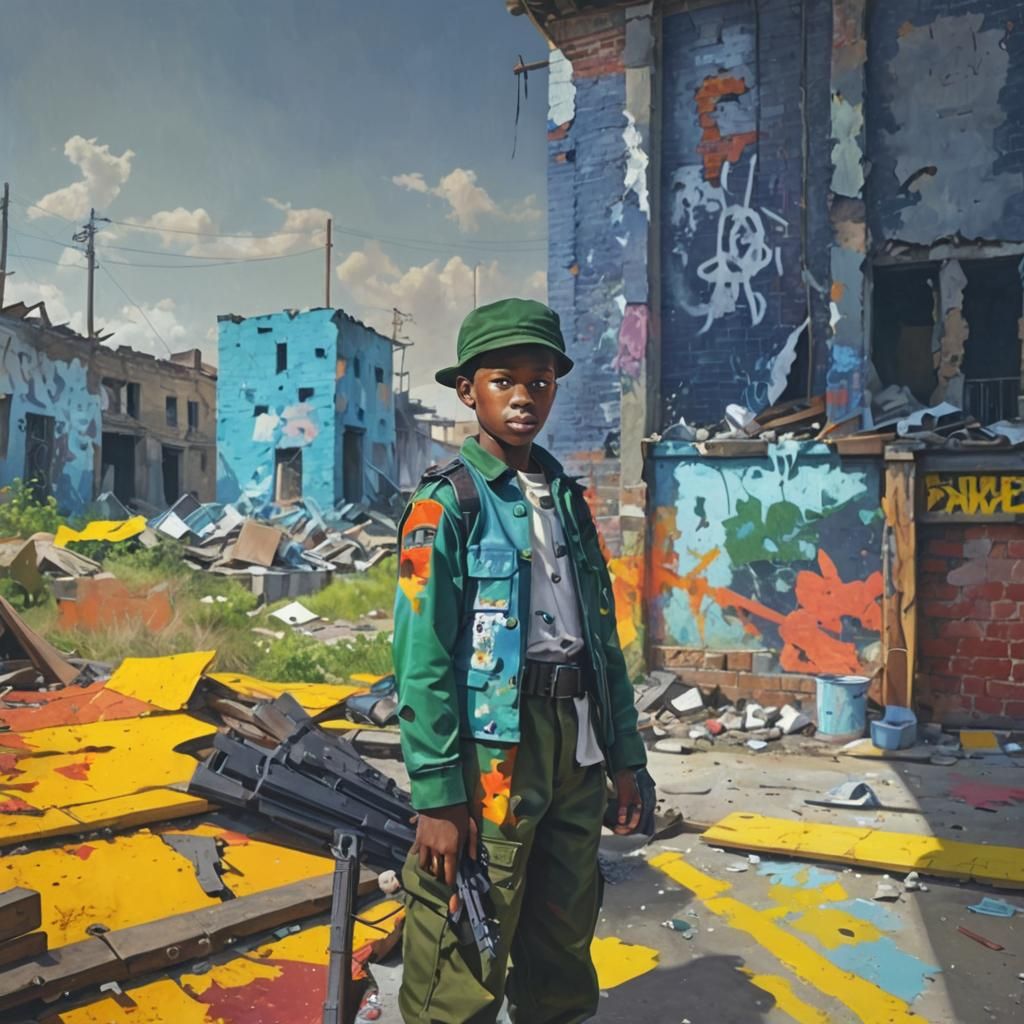 Child Soldier in Ruined Market: Hyperrealistic Digital Art