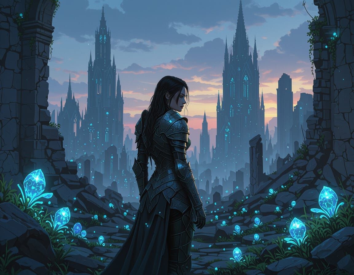 Woman in Metallic Armor in Bioluminescent Ruins