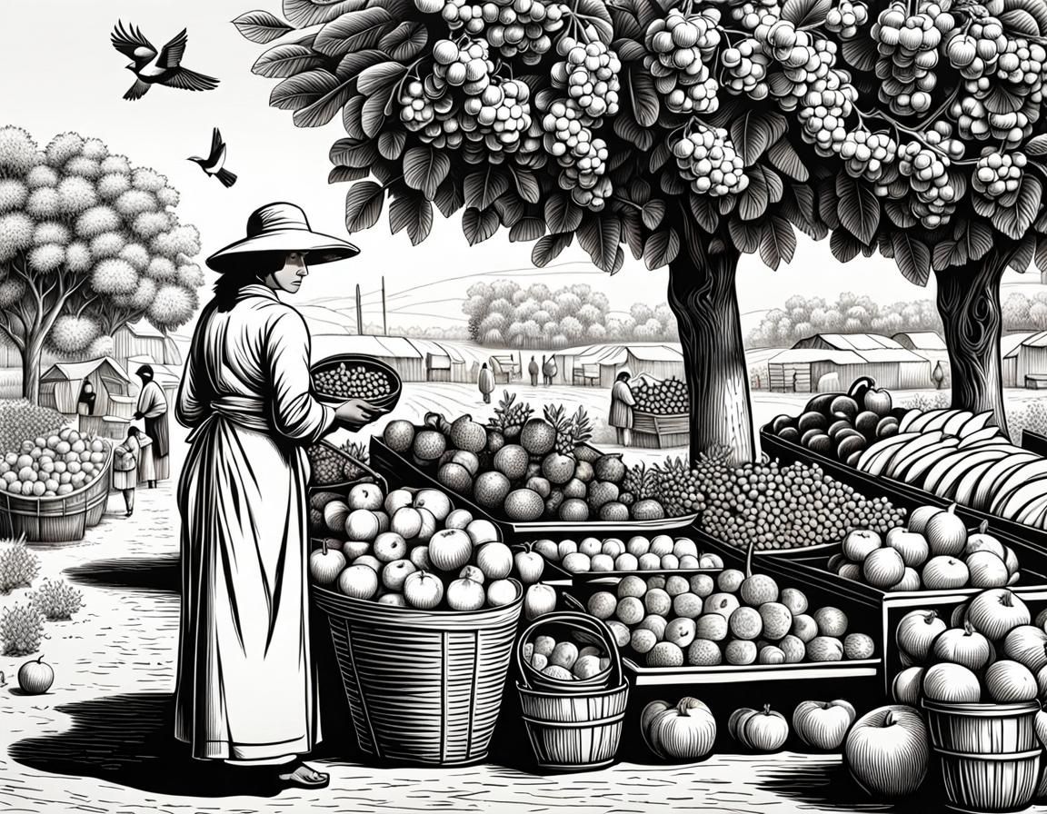 Woman Selling Produce at Country Market, Pencil Art