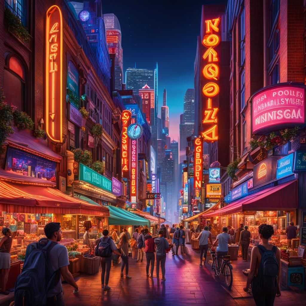 Vibrant Maximalist Cityscape at Night in HDR