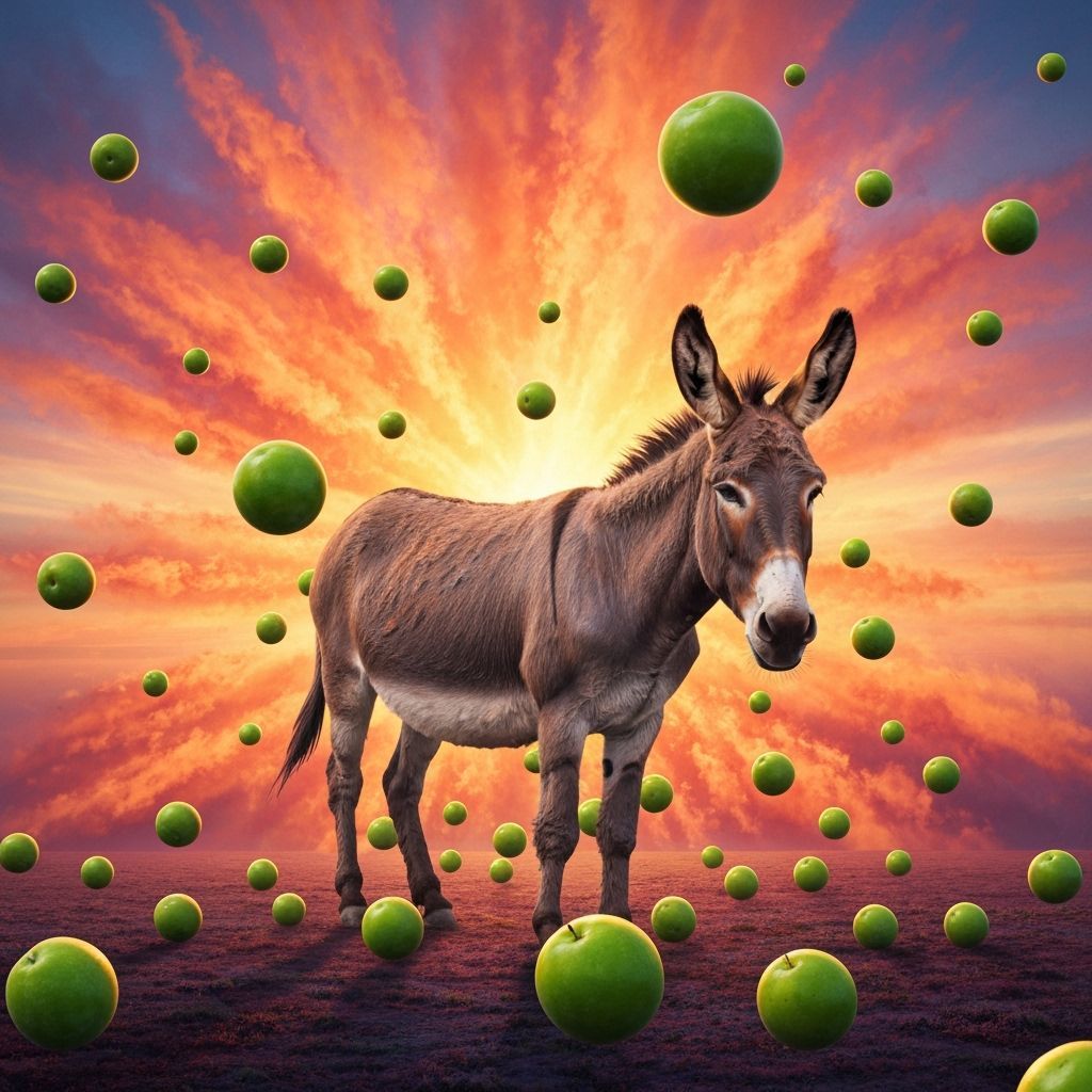 Donkey in Explosion with Fruit, Surreal Digital Art
