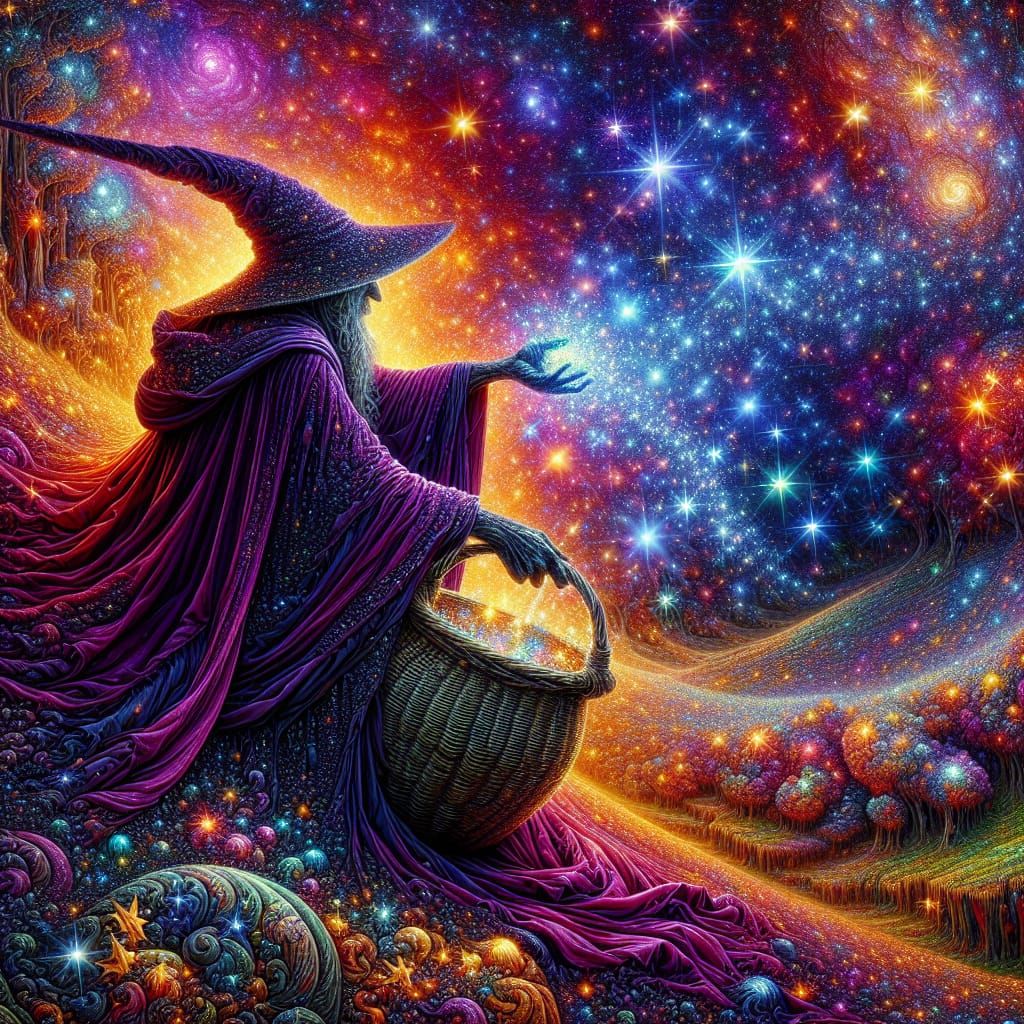 Wizard Collecting Stars in Hyperrealistic Style